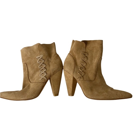 Zara Woman Suede Leather Lace Up Pointy Toe Heeled Booties Tan Cognac Size 39/9 - Picture 4 of 16